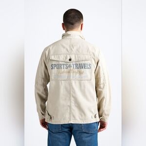 Edwin Trawelers Men's Beige Jacket, XL, Military Style, Trashed With Ink